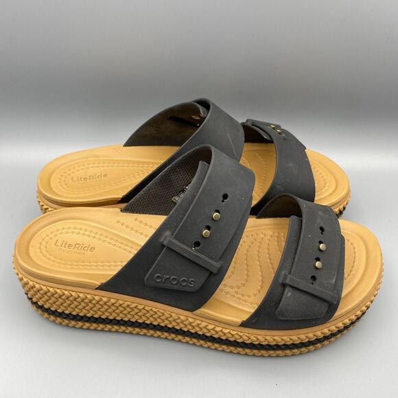 Crocs LiteRide Shoes Black Tan Strap Brooklyn Mid Platform Wedge Sandals 7 - Picture 2 of 13